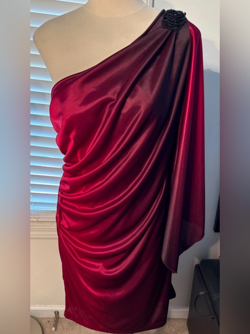 One-Shoulder Draped Satin Dress in Deep Berry